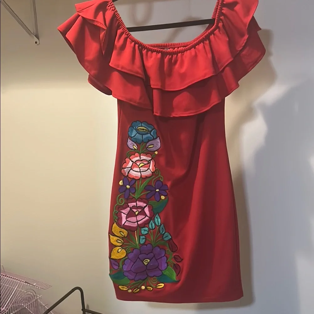 Red Ruffled Off-the-Shoulder Mini Dress - Picture 2 of 7